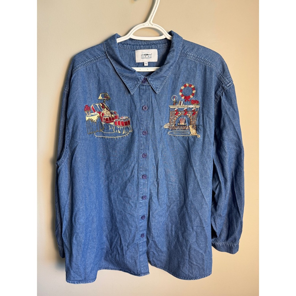 Only Denims Womens Blue Denim Christmas Embroidered Shirt 5X Holiday Festive